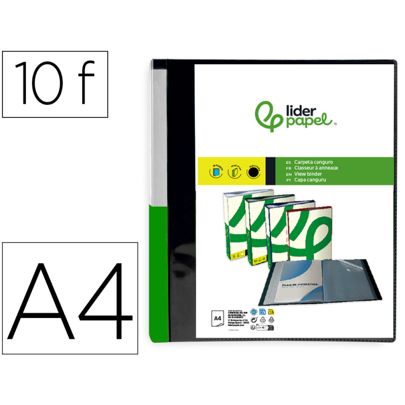 Carpeta liderpapel 10 fundas canguro pp din a4 negro opaco portada y lomo personalizable