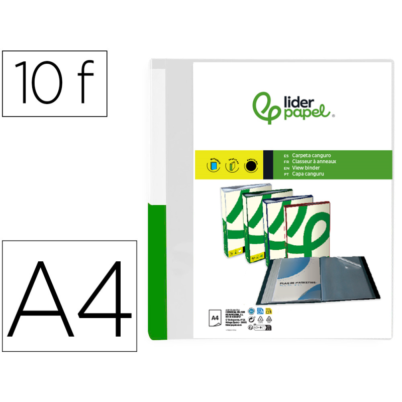 Carpeta liderpapel 10 fundas canguro pp din a4 transparenteportada y lomo personalizable