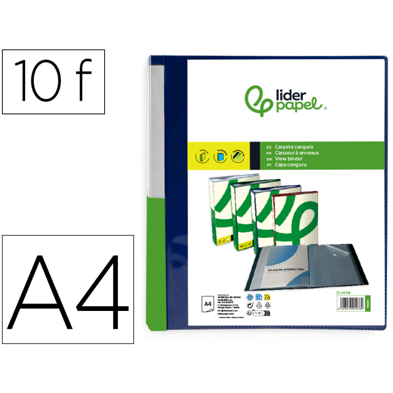 Carpeta liderpapel 10 fundas canguro pp din a4 azul translucido portada y lomo personalizable