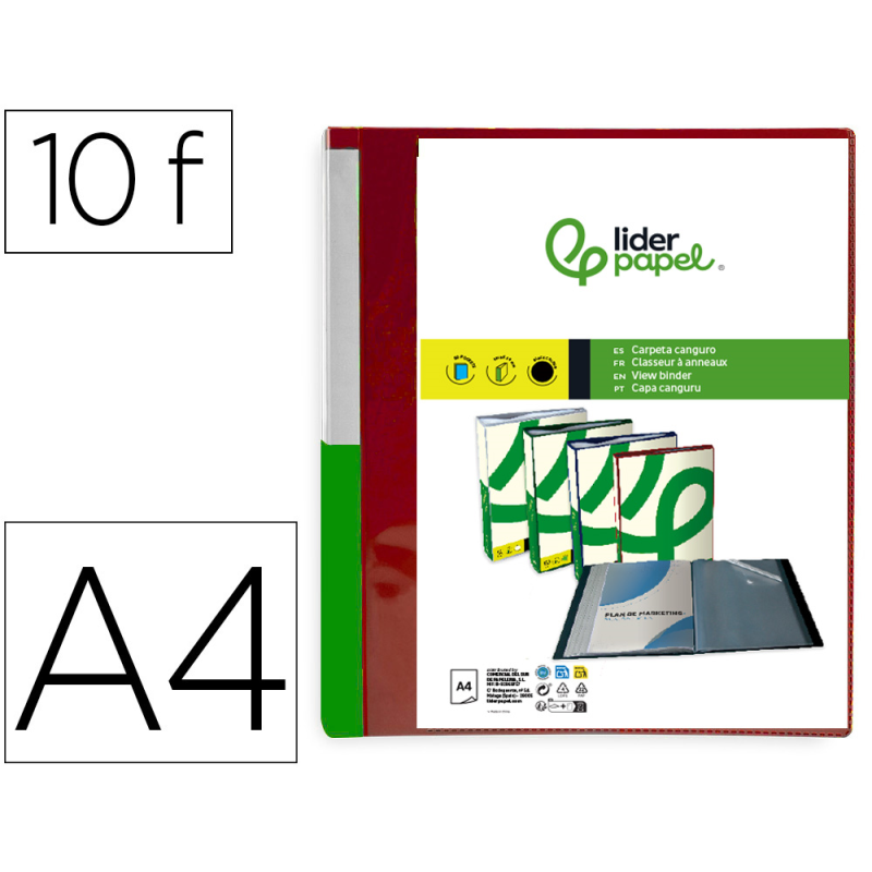 Carpeta liderpapel 10 fundas canguro pp din a4 rojo translucido portada y lomo personalizable