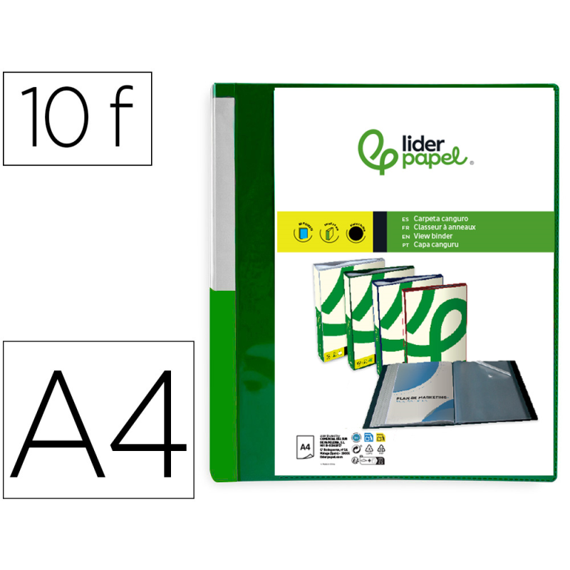 Carpeta liderpapel 10 fundas canguro pp din a4 verde translucido portada y lomo personalizable