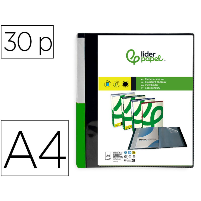 Carpeta liderpapel 30 fundas canguro pp din a4 negro opaco portada y lomo personalizable