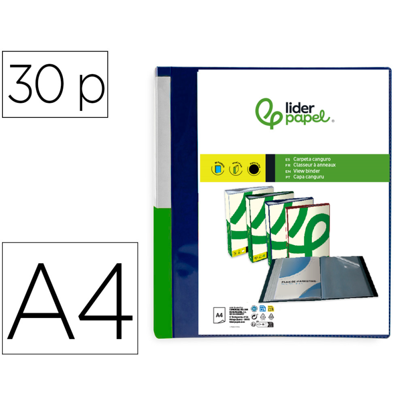 Carpeta liderpapel 30 fundas canguro pp din a4 azul translucido portada y lomo personalizable