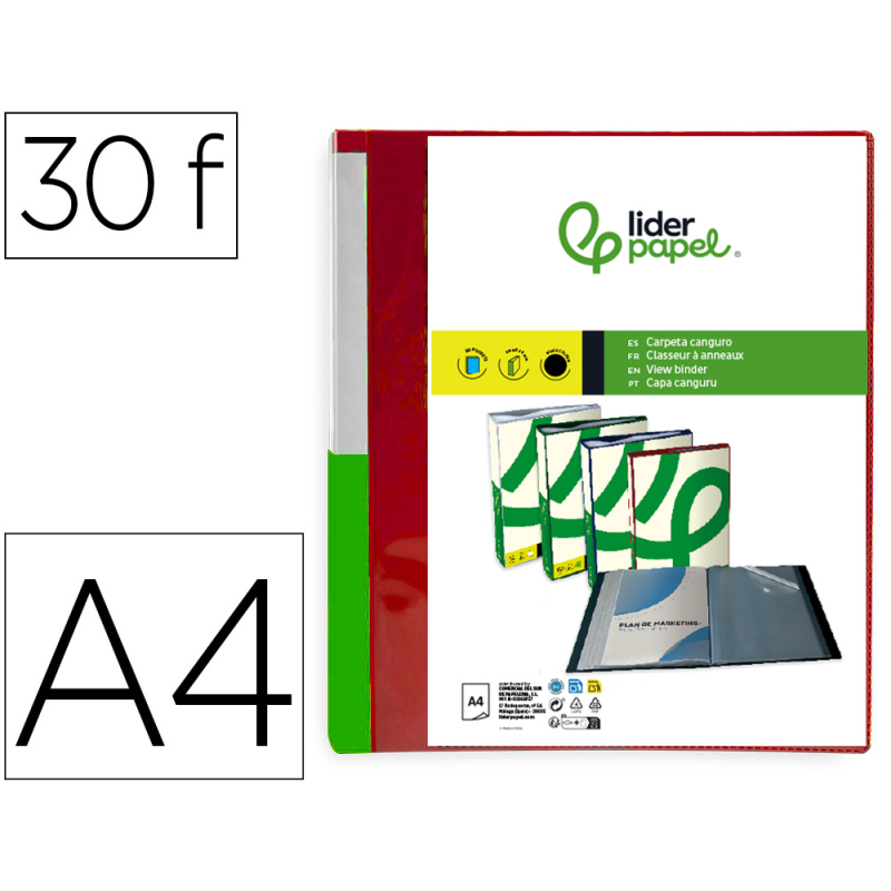 Carpeta liderpapel 30 fundas canguro pp din a4 rojo translucido portada y lomo personalizable