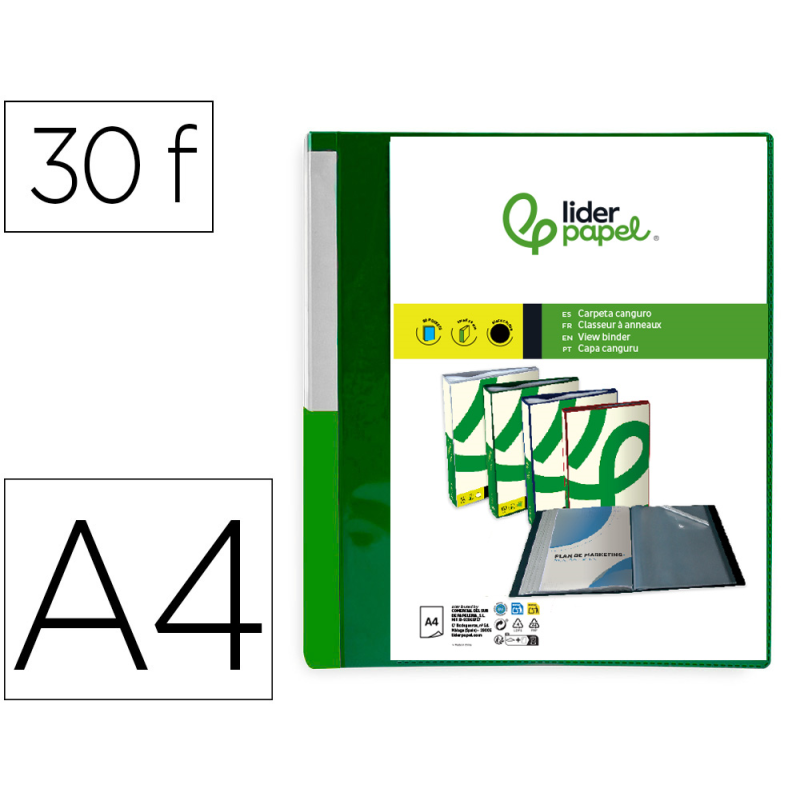 Carpeta liderpapel 30 fundas canguro pp din a4 verde translucido portada y lomo personalizable