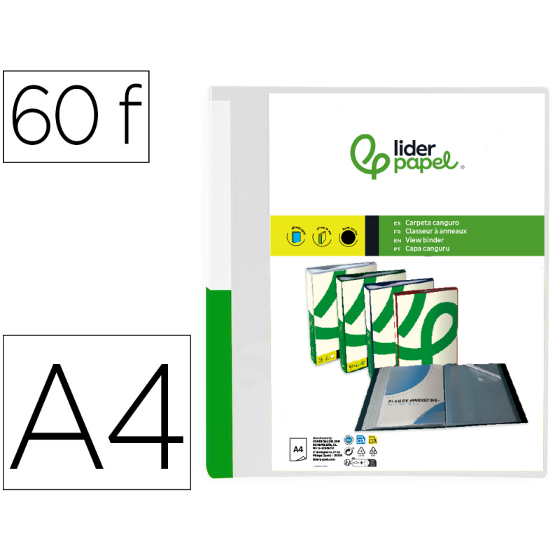 Carpeta liderpapel 60 fundas canguro pp din a4 transparenteportada y lomo personalizable