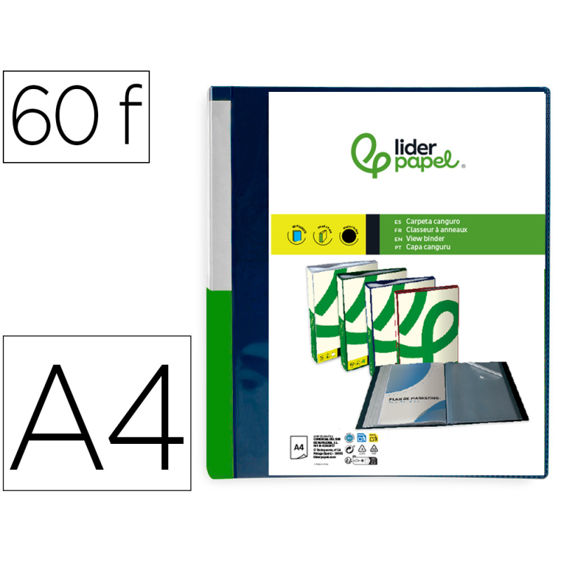 Carpeta liderpapel 60 fundas canguro pp din a4 azul translucido portada y lomo personalizable