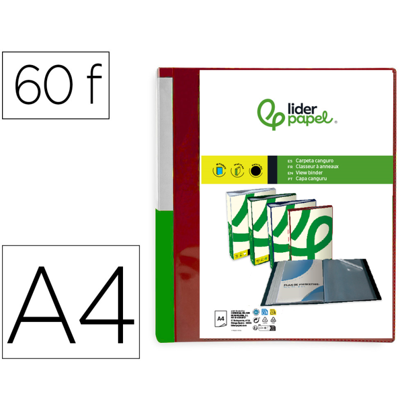 Carpeta liderpapel 60 fundas canguro pp din a4 rojo translucido portada y lomo personalizable