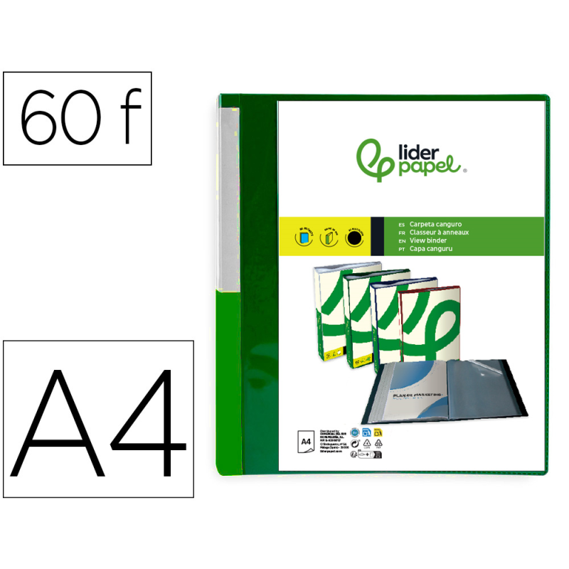 Carpeta liderpapel 60 fundas canguro pp din a4 verde translucido portada y lomo personalizable