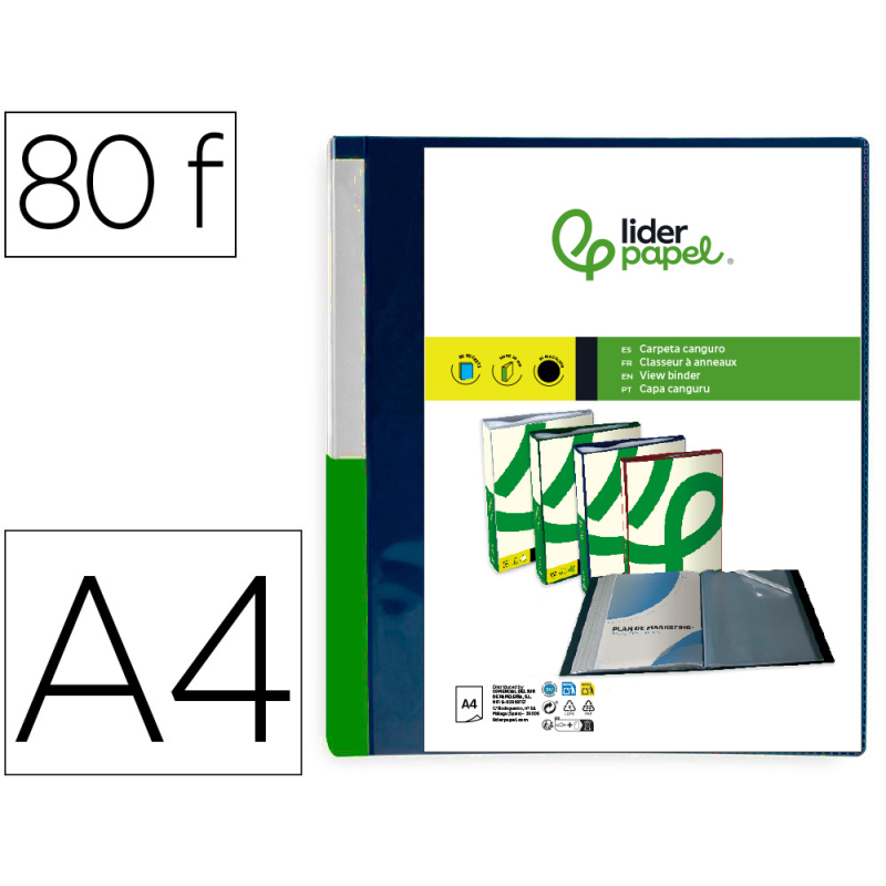Carpeta liderpapel 80 fundas canguro pp din a4 azul translucido portada y lomo personalizable