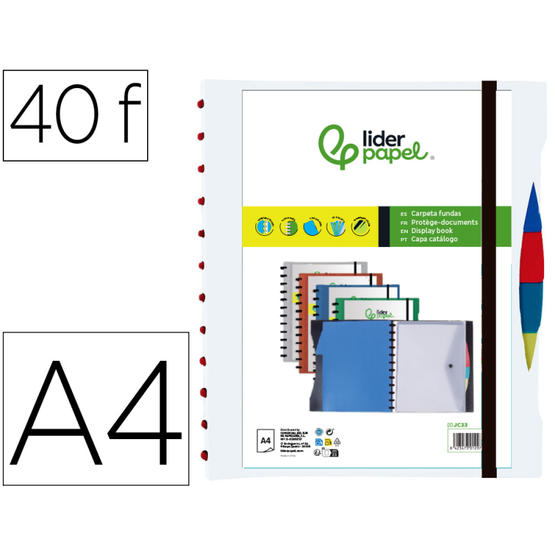 Carpeta liderpapel a4 con 40 fundas intercambiables 5 sep sobre y gomilla portada y lomopersonalizable transparente