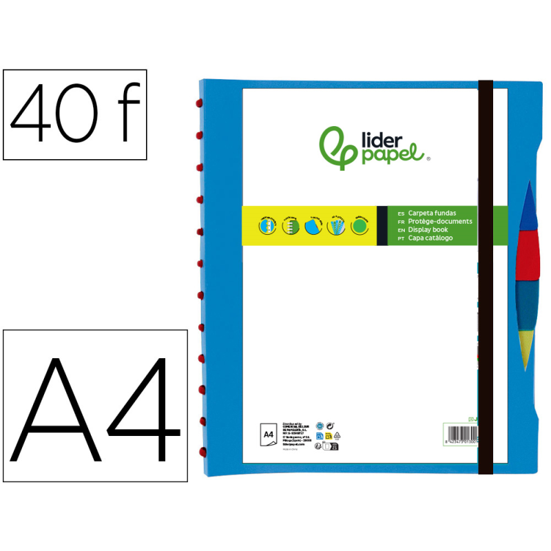 Carpeta liderpapel a4 con 40 fundas intercambiables 5 sep sobre y gomilla portada y lomo personalizable azul