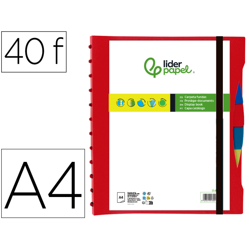 Carpeta liderpapel a4 con 40 fundas intercambiables 5 sep sobre y gomilla portada y lomo personalizable rojo