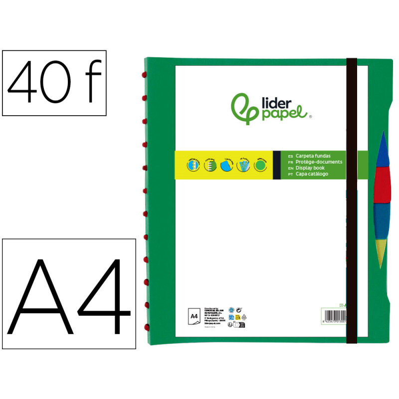 Carpeta liderpapel a4 con 40 fundas intercambiables 5 sep sobre y gomilla portada y lomo personalizable verde
