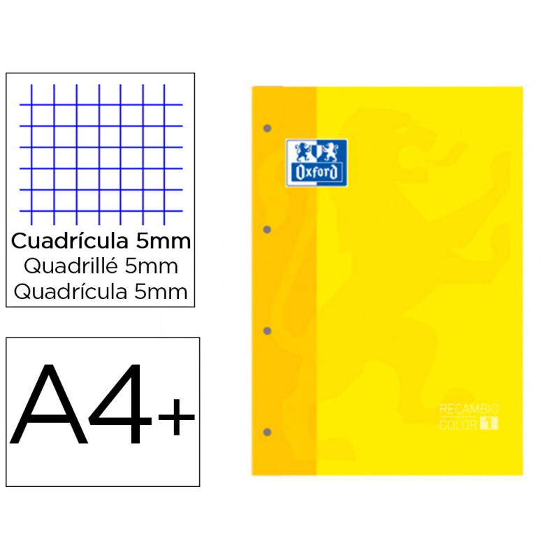 Recambio color 1 oxford din a4+ 80 hojas 90 gr cuadro 5 mm 4 taladros color amarillo