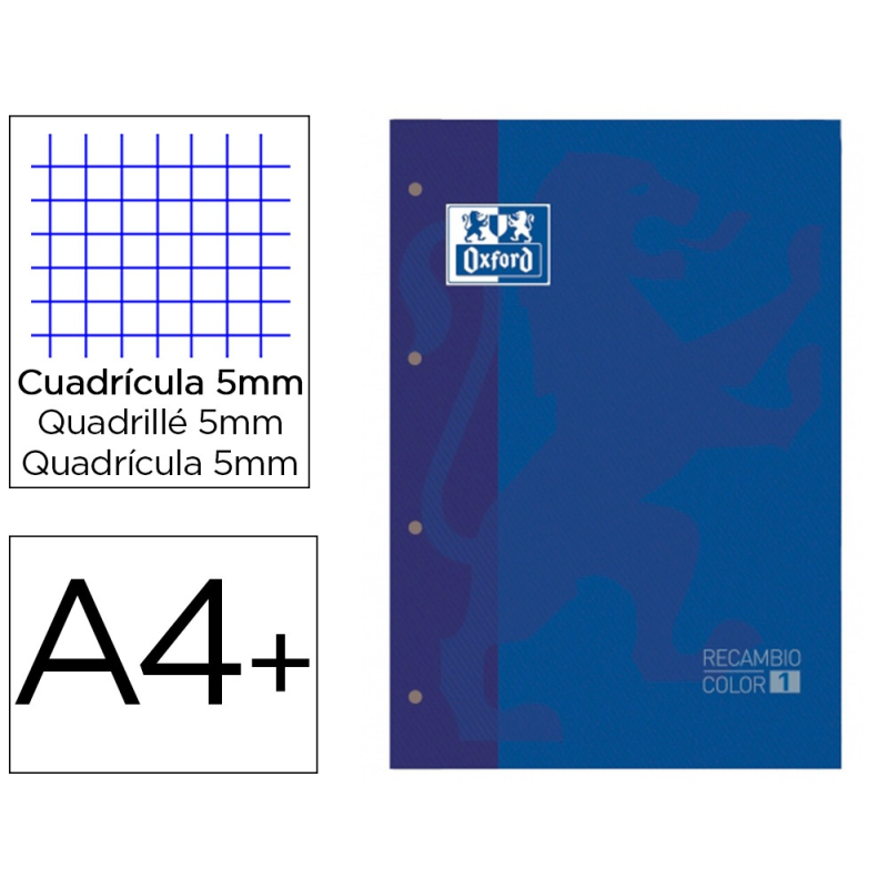 Recambio color 1 oxford din a4+ 80 hojas 90 gr cuadro 5 mm 4 taladros color azul oscuro