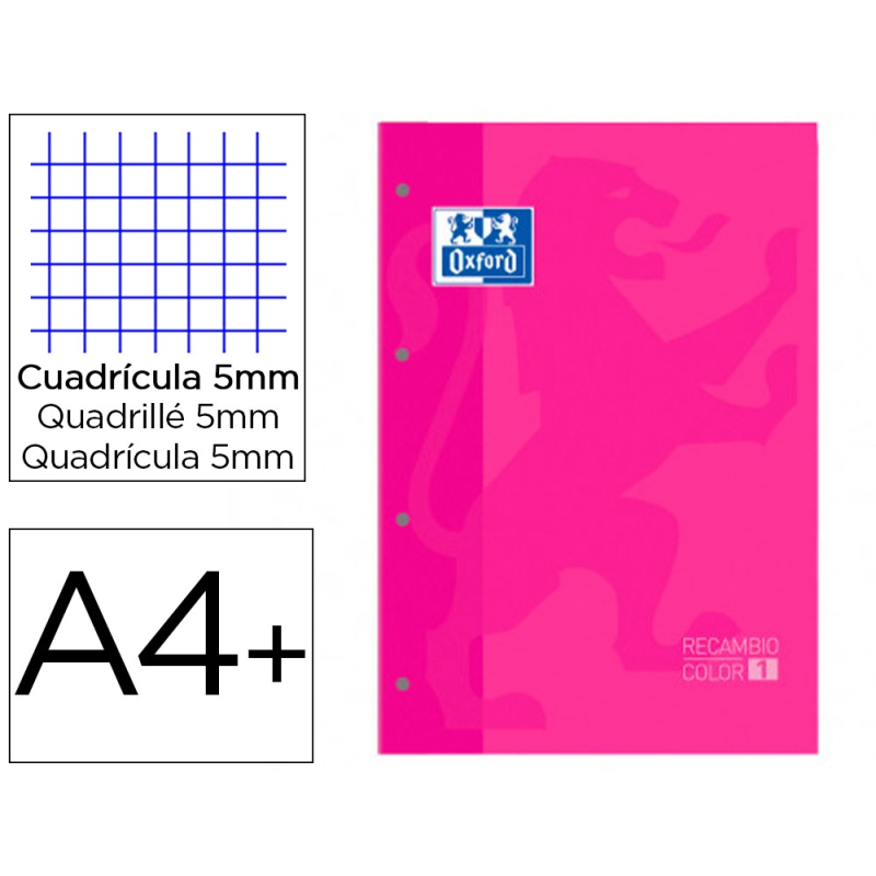Recambio color 1 oxford din a4+ 80 hojas 90 gr cuadro 5 mm 4 taladros color fucsia