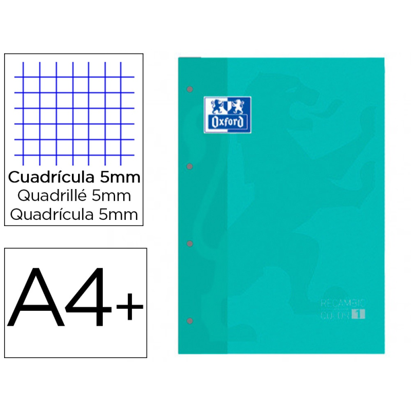 Recambio color 1 oxford din a4+ 80 hojas 90 gr cuadro 5 mm 4 taladros color ice mint