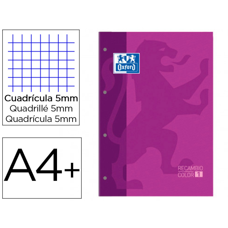 Recambio color 1 oxford din a4+ 80 hojas 90 gr cuadro 5 mm 4 taladros color morado