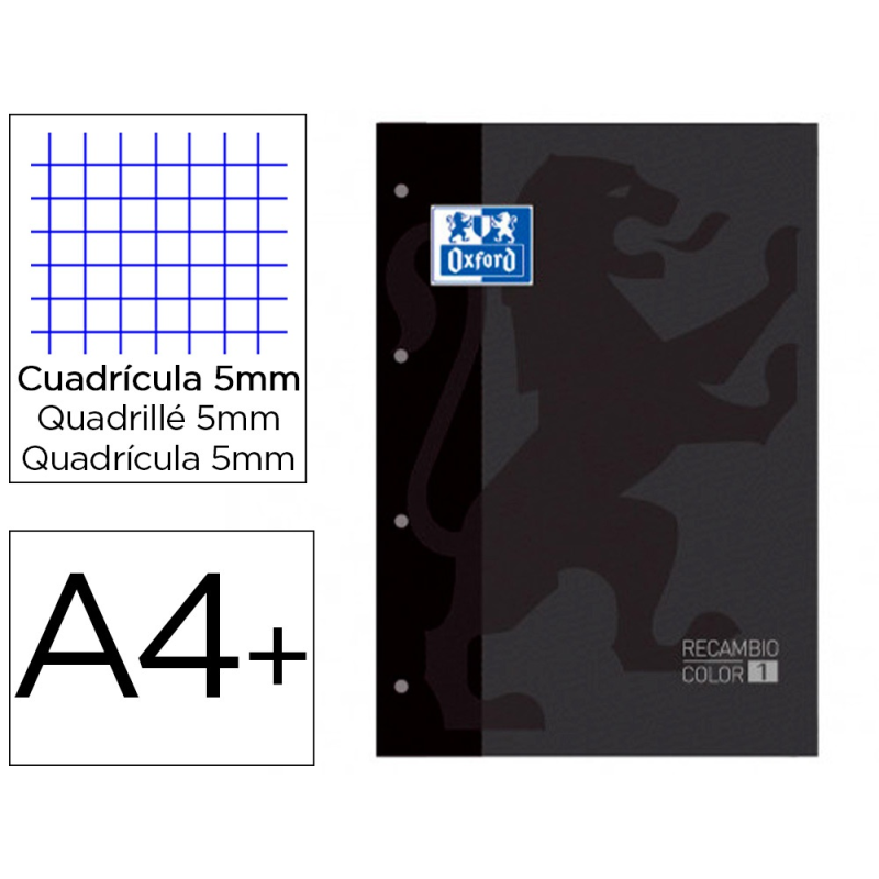 Recambio color 1 oxford din a4+ 80 hojas 90 gr cuadro 5 mm 4 taladros color negro