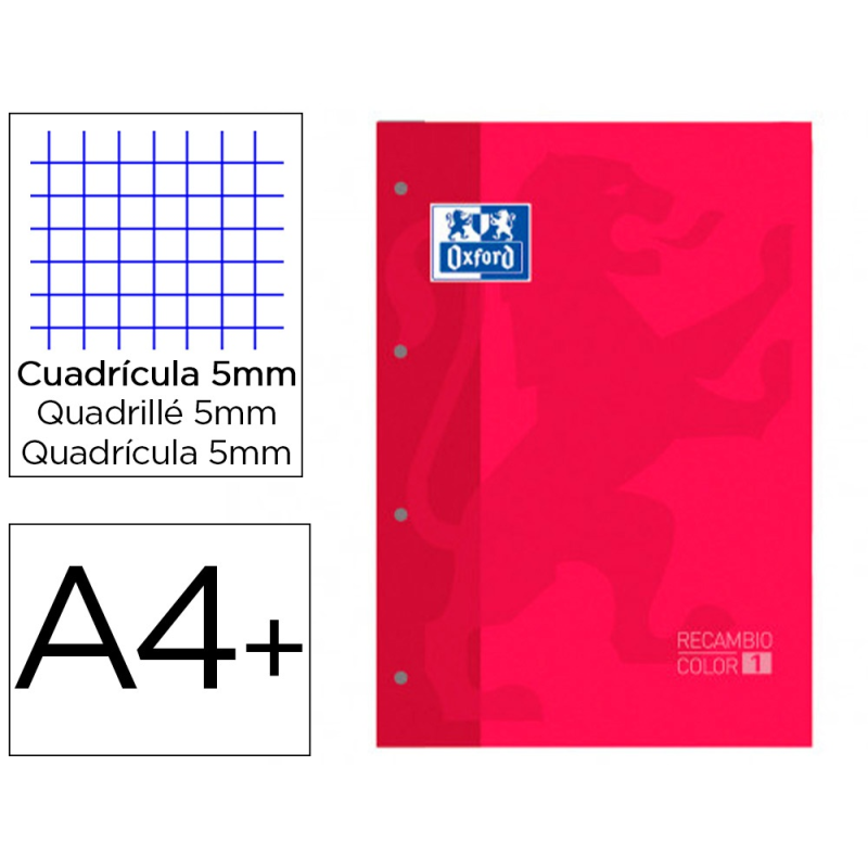 Recambio color 1 oxford din a4+ 80 hojas 90 gr cuadro 5 mm 4 taladros color rojo