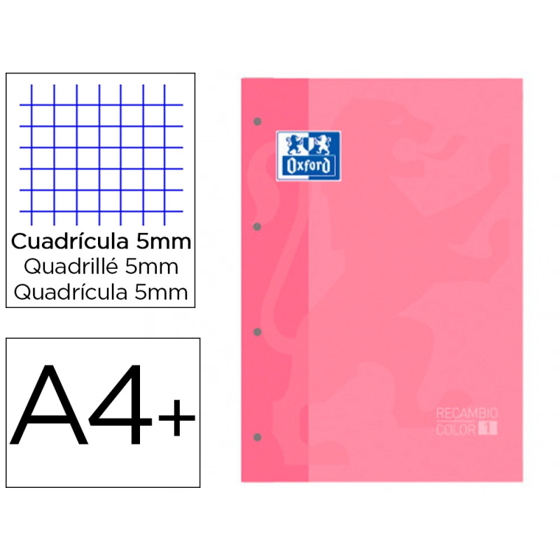 Recambio color 1 oxford din a4+ 80 hojas 90 gr cuadro 5 mm 4 taladros color rosa chicle