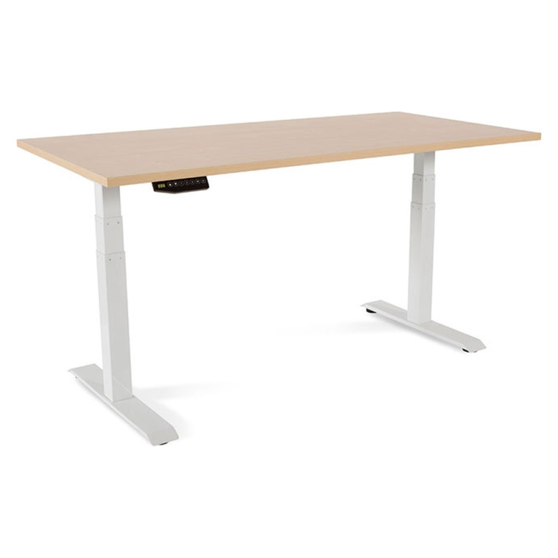 Mesa rocada regulable en altura electricamente hasta 129 cm estructura de acero tablero 160 cm color haya