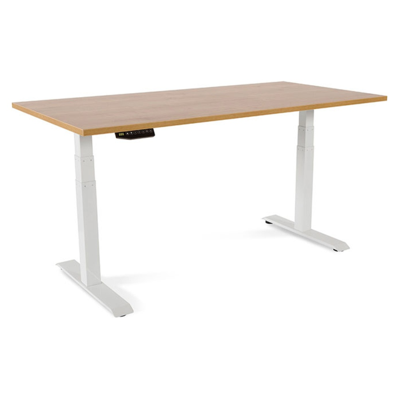 Mesa rocada regulable en altura electricamente hasta 129 cm estructura de acero tablero 160 cm color roble