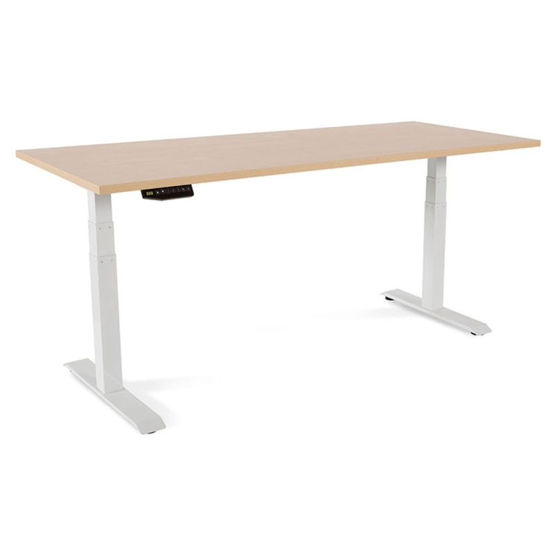 Mesa rocada regulable en altura electricamente hasta 129 cm estructura de acero tablero 180 cm color haya