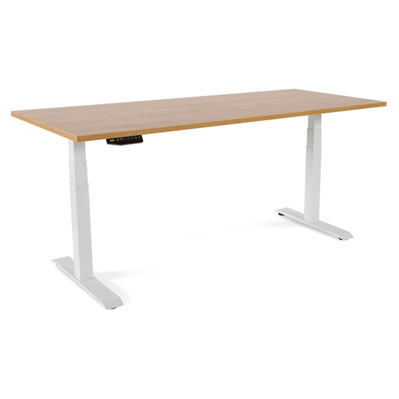 Mesa rocada regulable en altura electricamente hasta 129 cm estructura de acero tablero 180 cm color roble