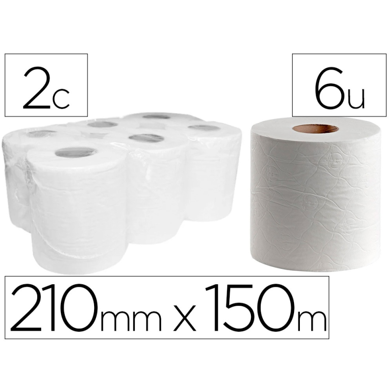 Papel secamanos dahi 2 capas celulosa lisa 210 mm x 150 mt paquete de 6 rollos