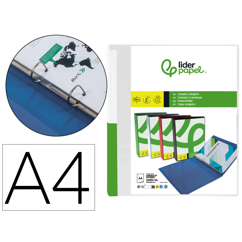 Carpeta liderpapel canguro 2 anillas 25 mm mixtas polipropileno din a4 transparente