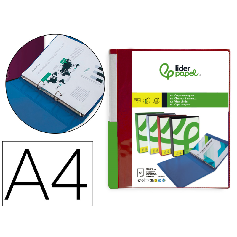 Carpeta liderpapel canguro 2 anillas 25 mm mixtas polipropileno din a4 rojo translucido