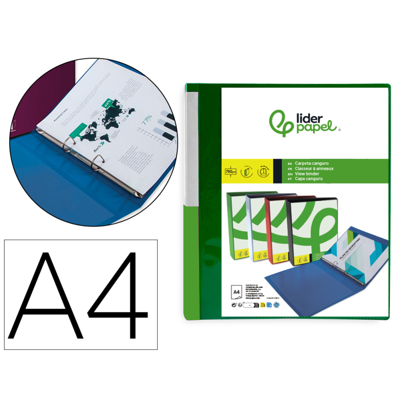 Carpeta liderpapel canguro 2 anillas 25 mm mixtas polipropileno din a4 verde translucido