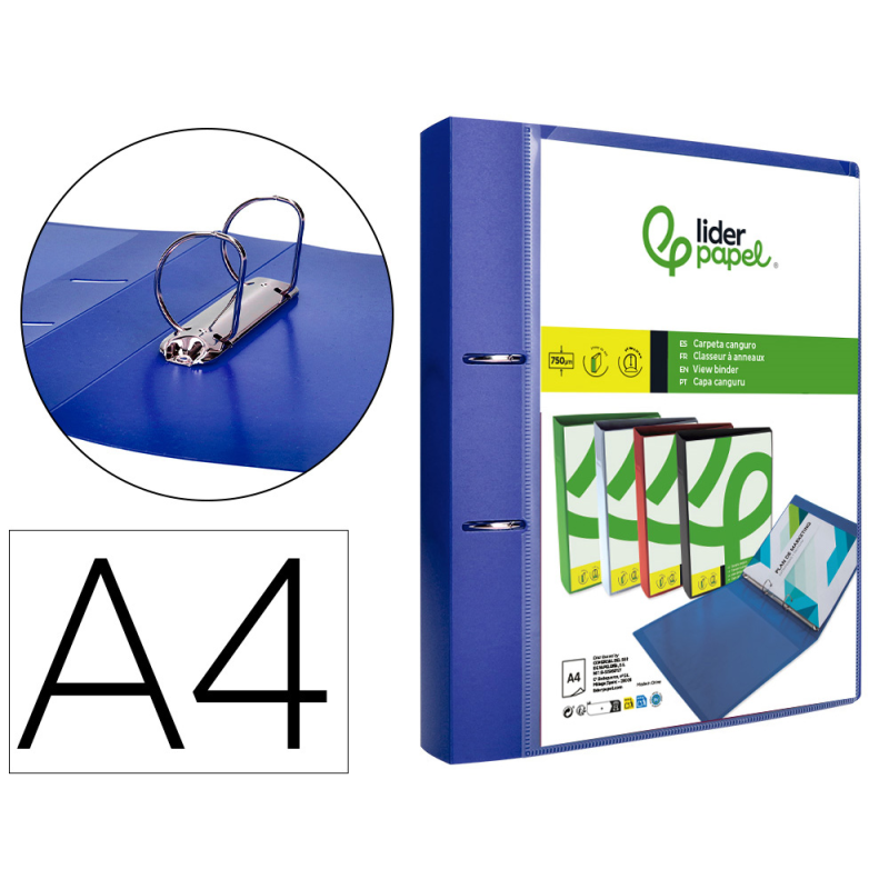 Carpeta liderpapel canguro 2 anillas 40 mm mixtas polipropileno din a4 azul translucido