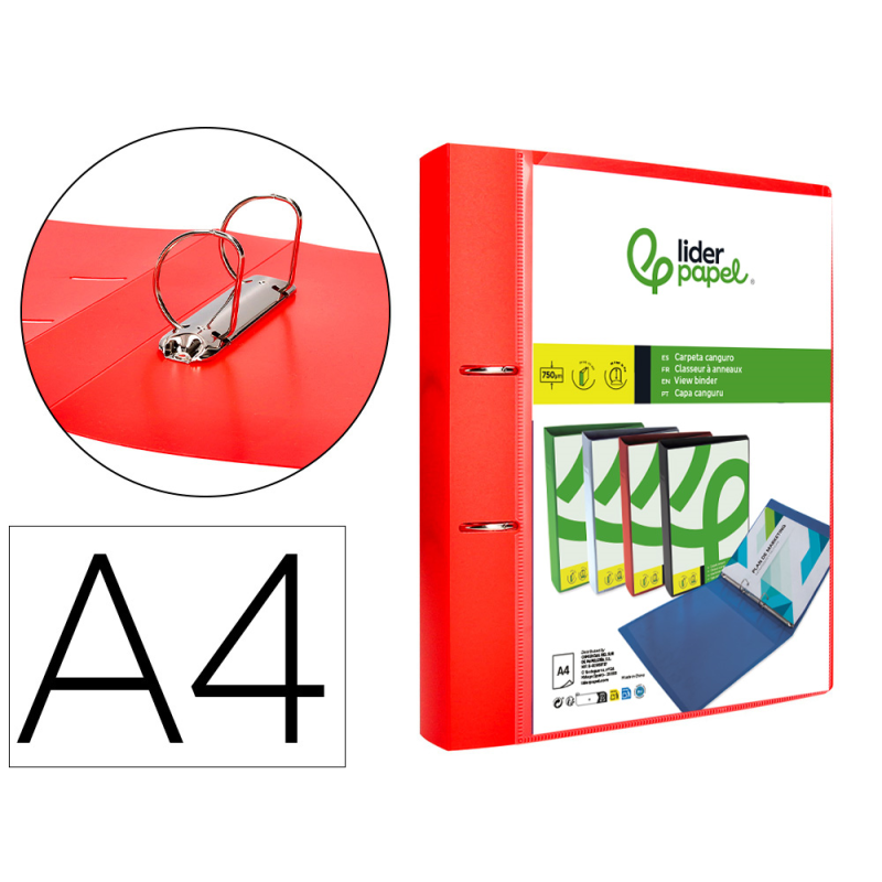 Carpeta liderpapel canguro 2 anillas 40 mm mixtas polipropileno din a4 rojo translucido