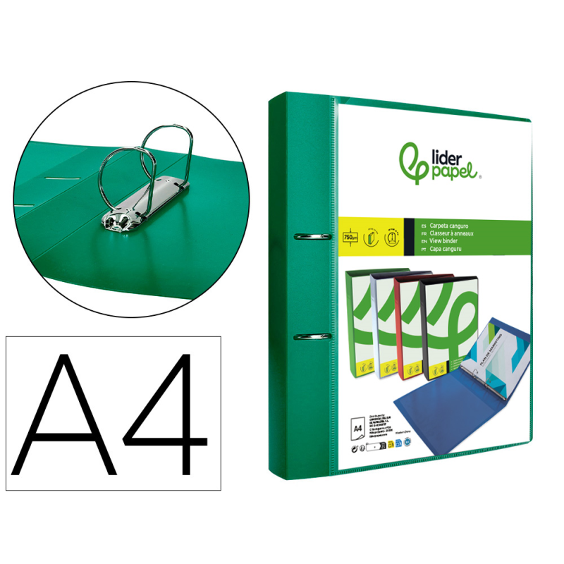 Carpeta liderpapel canguro 2 anillas 40 mm mixtas polipropileno din a4 verde translucido