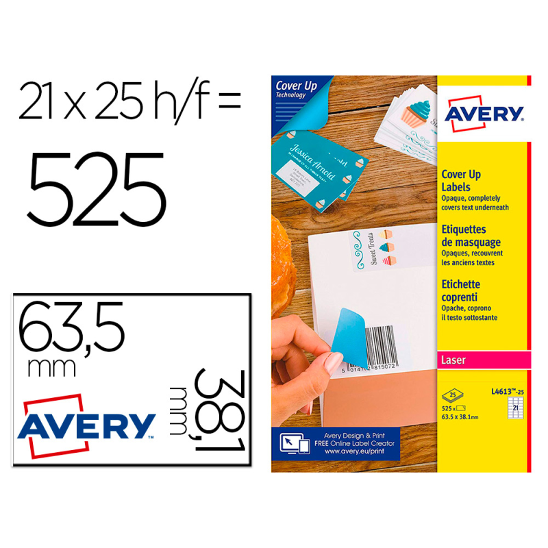 Etiqueta adhesiva cubriente avery permanente para impresora laser blanca 63,5x 38,1 mm caja de 525 unidades