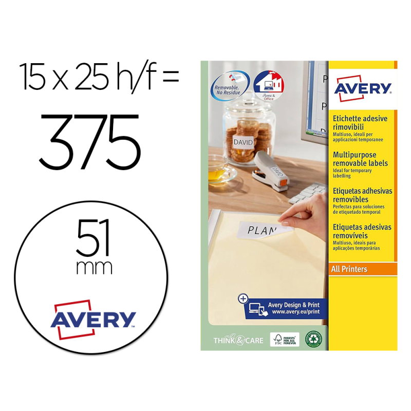 Etiqueta adhesiva avery blanca redonda removible para laser ink-jet fotocopiadora 51 mm caja de 375 unidades