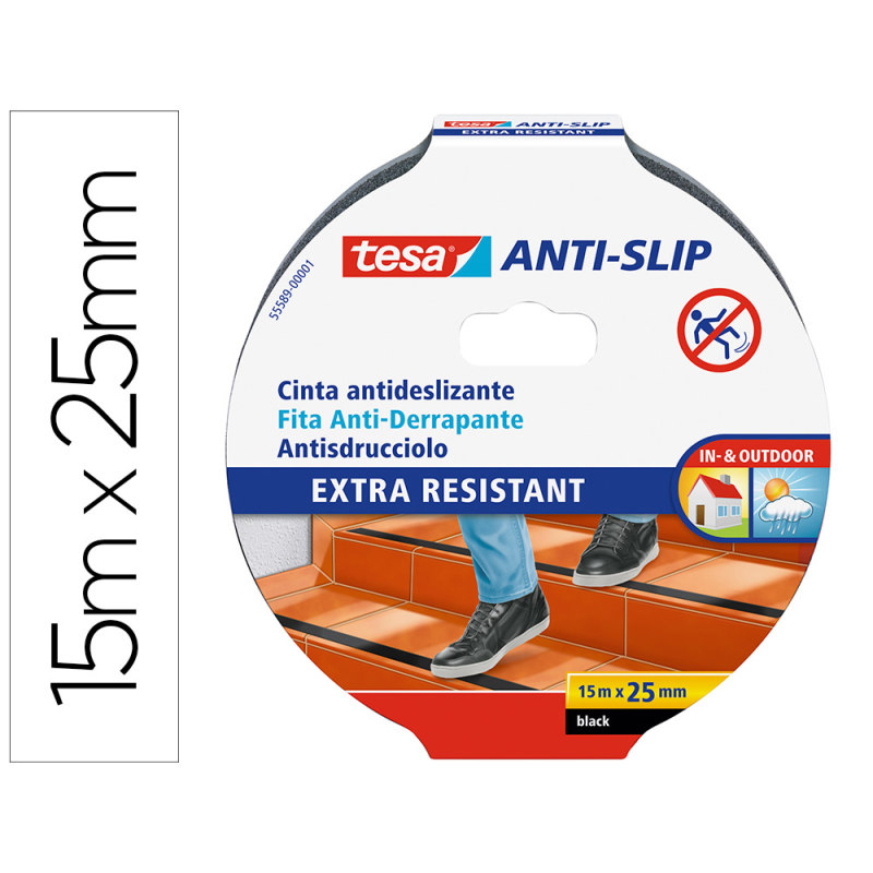 Cinta antideslizante adhesiva tesa uso interior / exterior color negro 15 mt x 25 mm
