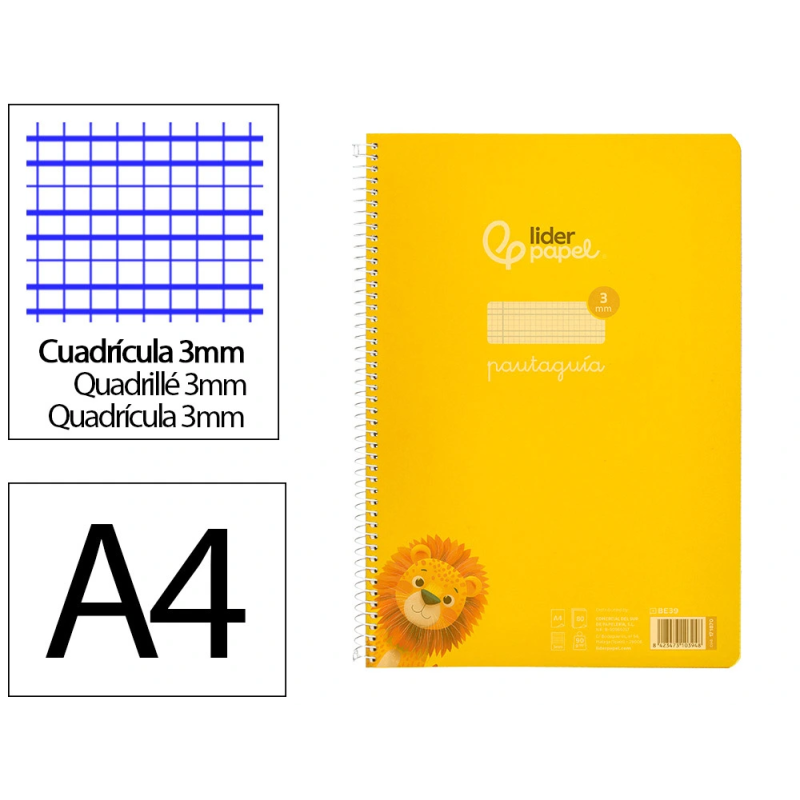 Cuaderno espiral liderpapel a4 pautaguia tapa plastico 80h 90gr cuadro pautado 3mm con margen color amarillo