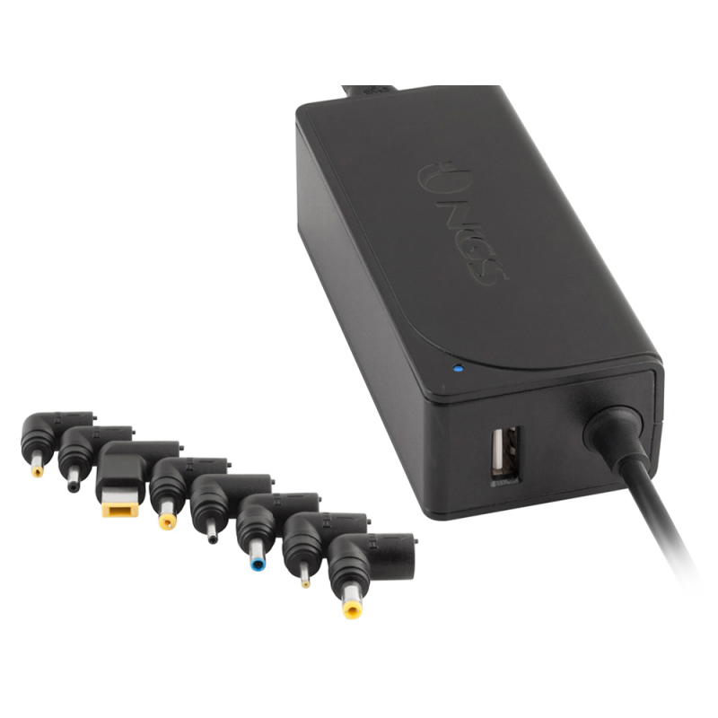 Adaptador de corriente ngs automatic 45w con 8 adaptadores y salida usb 2a