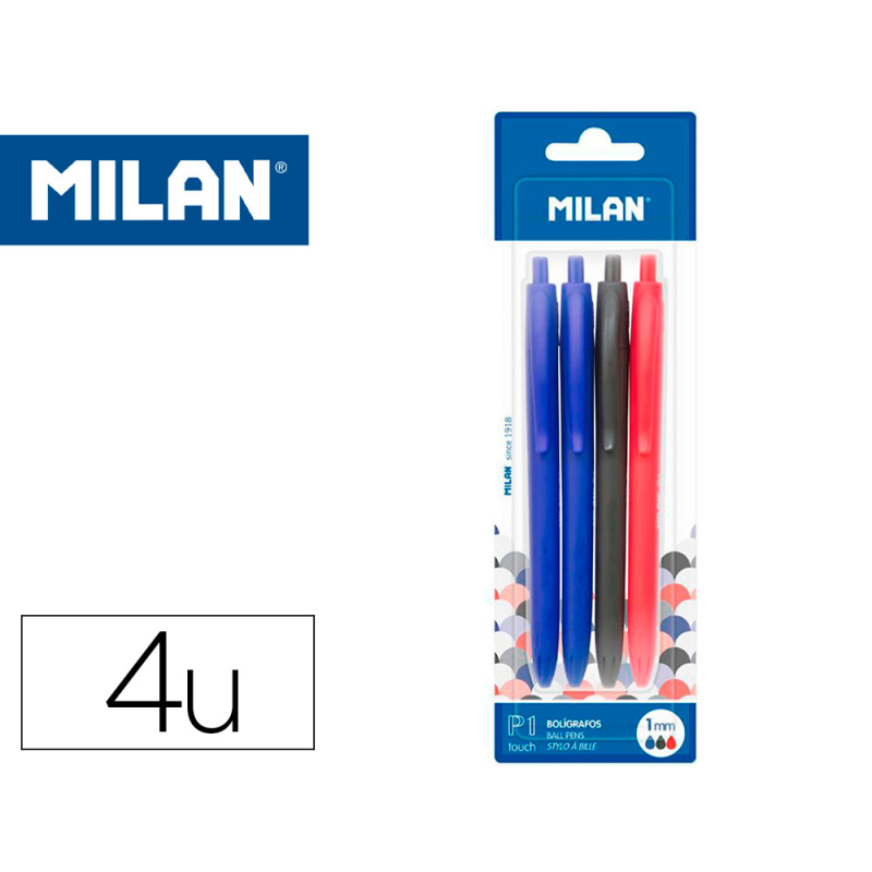 Boligrafo milan p1 retractil 1 mm touch blister de 4 unidades colores surtidos