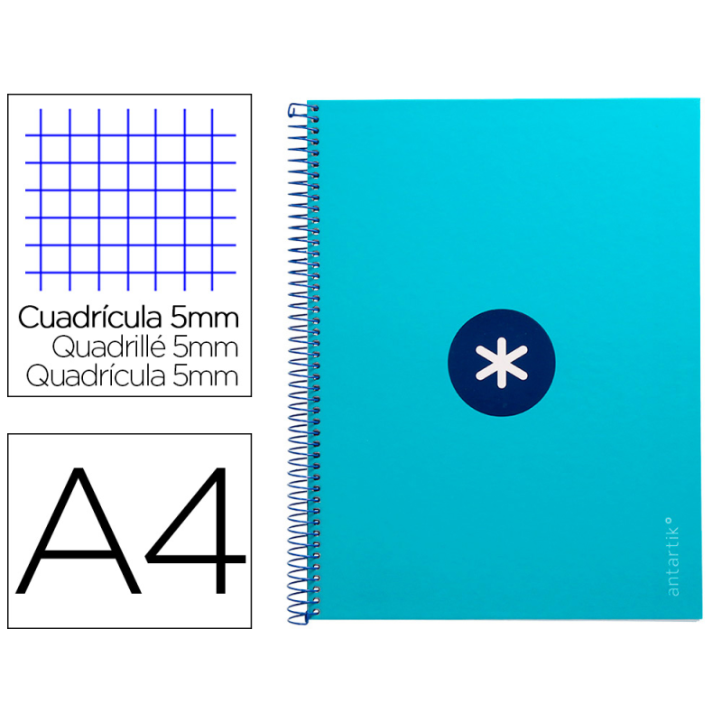Cuaderno espiral a4 micro antartik tapa forrada 80h 90 gr cuadro 5mm 1 banda 4 taladros turquesa