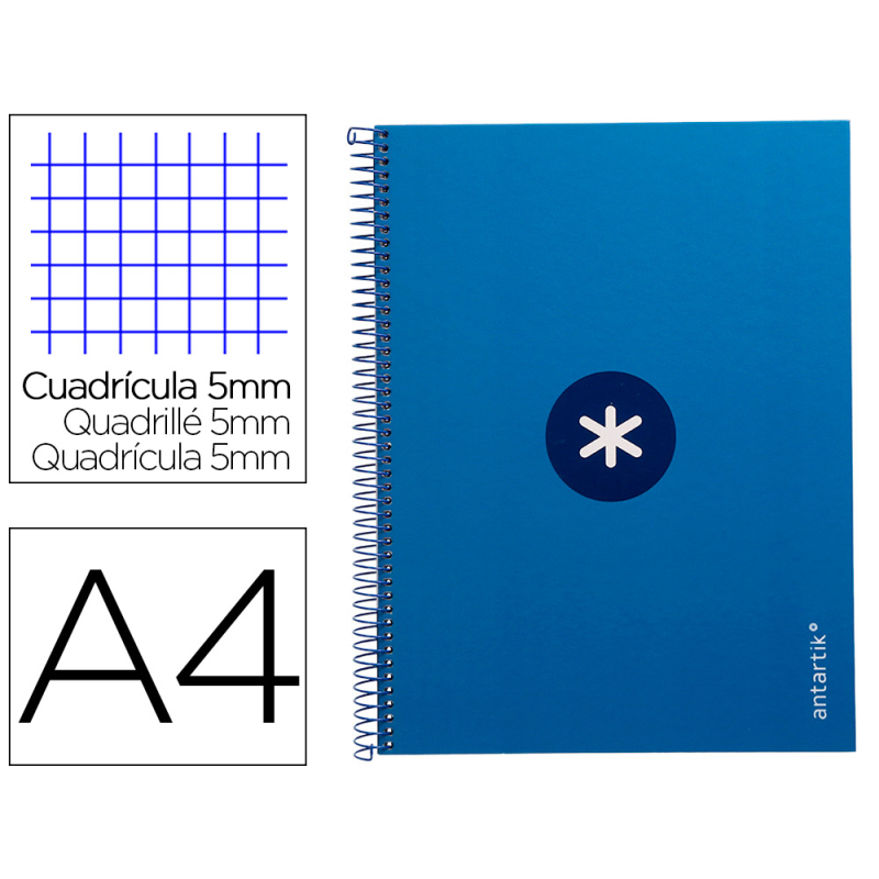 Cuaderno espiral a4 micro antartik tapa forrada 80h 90 gr cuadro 5mm 1 banda 4 taladros azul oscuro