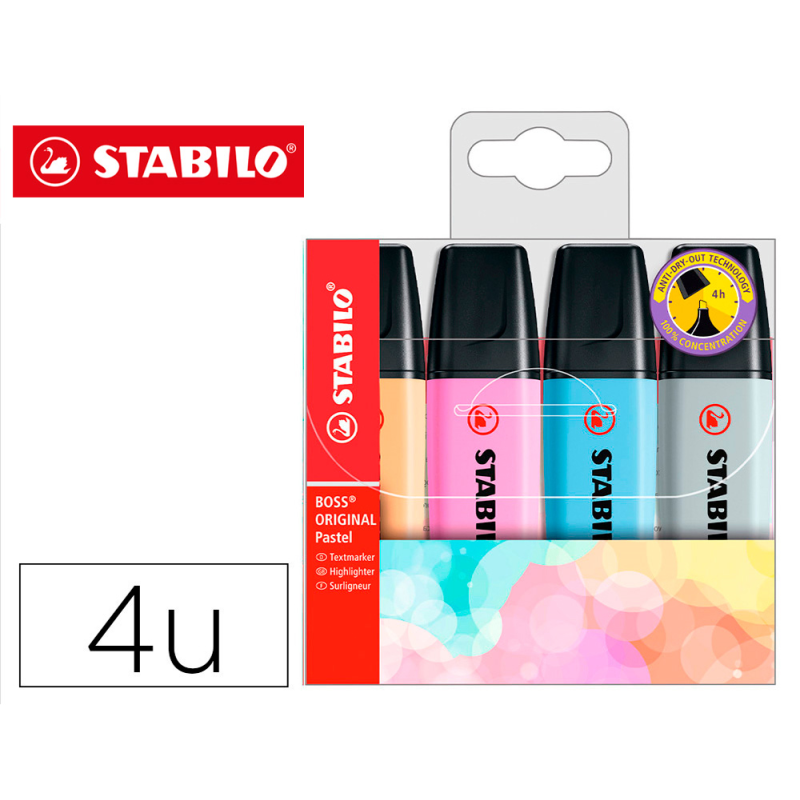 Rotulador stabilo boss fluorescente 70 pastel estuche de 4 unidades colores