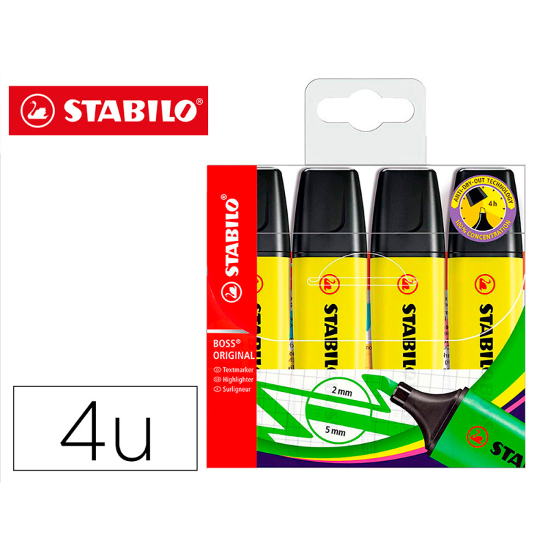 Rotulador stabilo boss fluorescente 70 amarillo estuche de 4 unidades