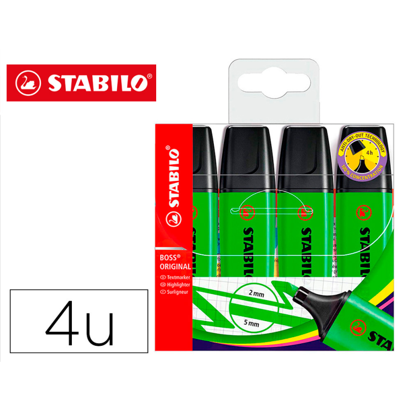 Rotulador stabilo boss fluorescente 70 verde estuche de 4 unidades