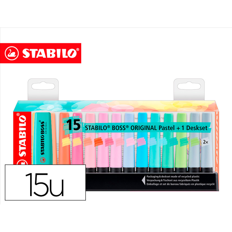 Rotulador stabilo boss fluorescente 70 pastel deskset estuche de 15 unidades colores surtidos