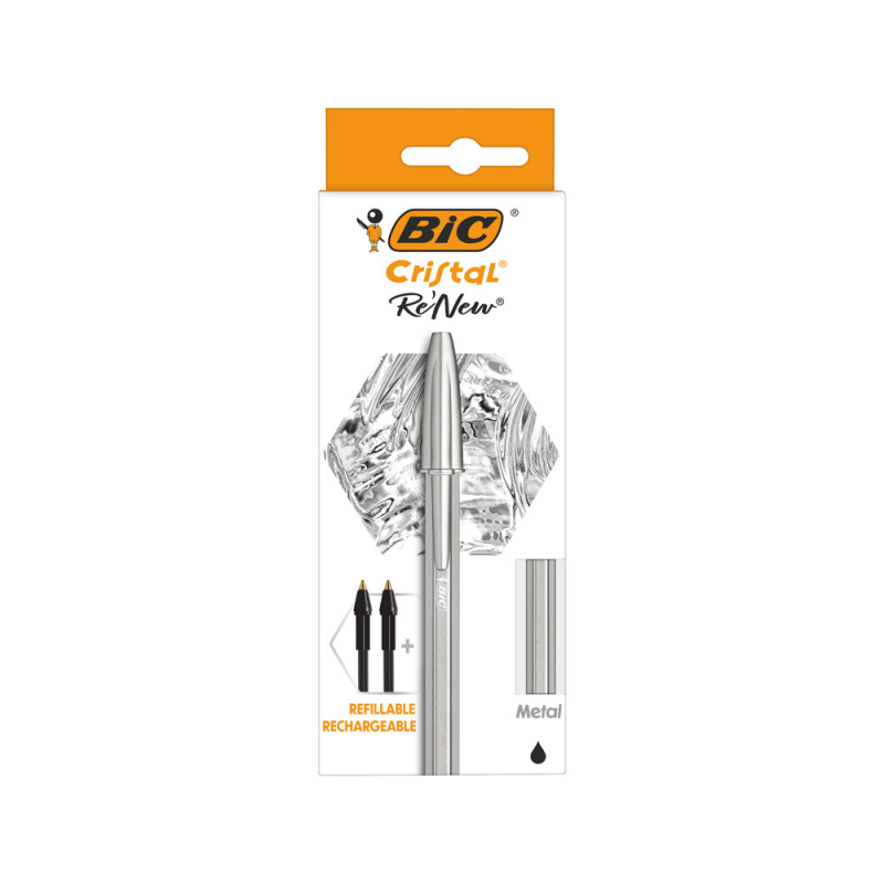 Boligrafo bic cristal renew cuerpo en aluminio mate tinta negro + 2 recambios en caja de carton